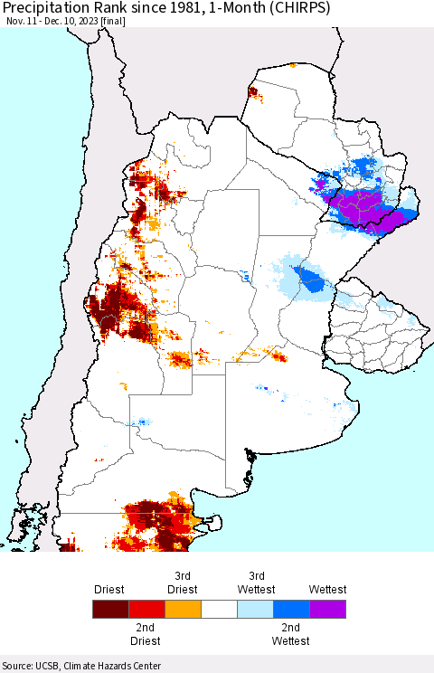 Southern South America Precipitation Rank since 1981, 1-Month (CHIRPS) Thematic Map For 11/11/2023 - 12/10/2023