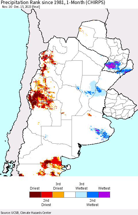 Southern South America Precipitation Rank since 1981, 1-Month (CHIRPS) Thematic Map For 11/16/2023 - 12/15/2023