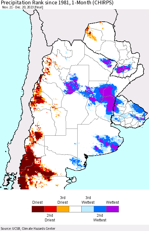 Southern South America Precipitation Rank since 1981, 1-Month (CHIRPS) Thematic Map For 11/21/2023 - 12/20/2023