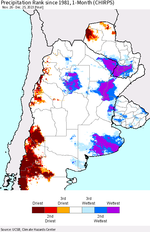 Southern South America Precipitation Rank since 1981, 1-Month (CHIRPS) Thematic Map For 11/26/2023 - 12/25/2023
