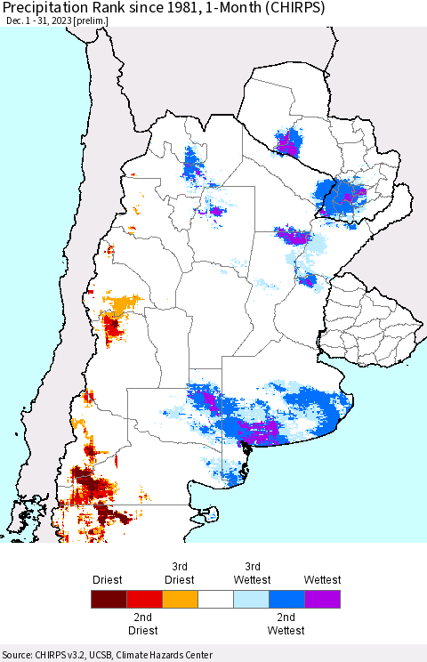 Southern South America Precipitation Rank since 1981, 1-Month (CHIRPS) Thematic Map For 12/1/2023 - 12/31/2023