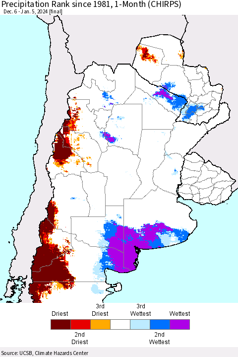 Southern South America Precipitation Rank since 1981, 1-Month (CHIRPS) Thematic Map For 12/6/2023 - 1/5/2024
