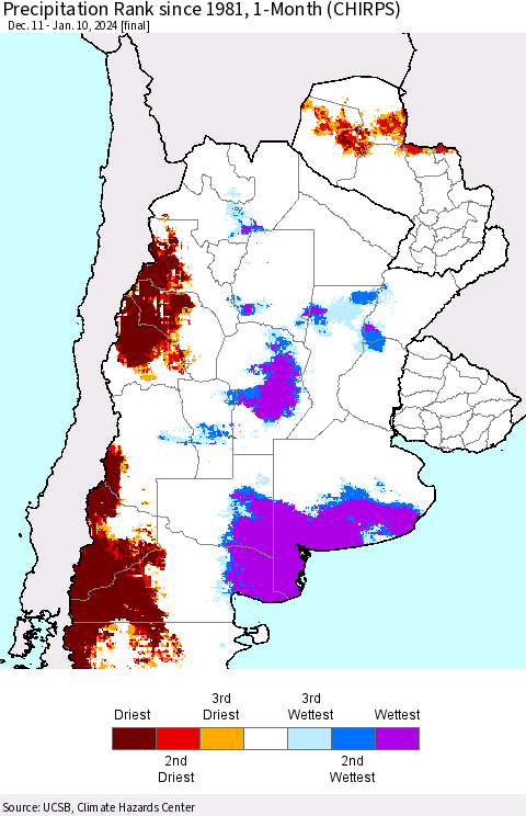 Southern South America Precipitation Rank since 1981, 1-Month (CHIRPS) Thematic Map For 12/11/2023 - 1/10/2024