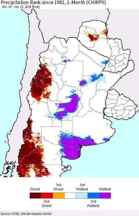 Southern South America Precipitation Rank since 1981, 1-Month (CHIRPS) Thematic Map For 12/16/2023 - 1/15/2024
