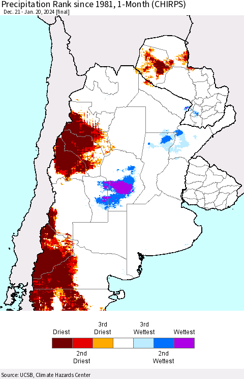 Southern South America Precipitation Rank since 1981, 1-Month (CHIRPS) Thematic Map For 12/21/2023 - 1/20/2024