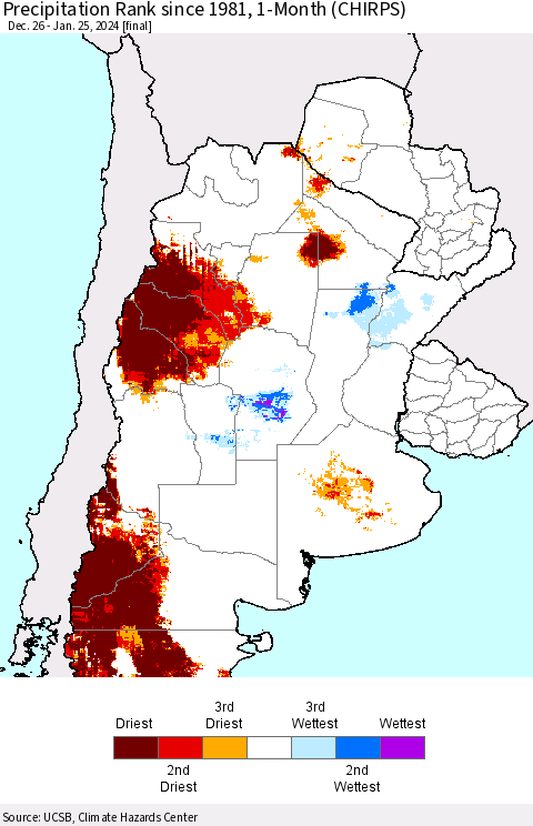Southern South America Precipitation Rank since 1981, 1-Month (CHIRPS) Thematic Map For 12/26/2023 - 1/25/2024