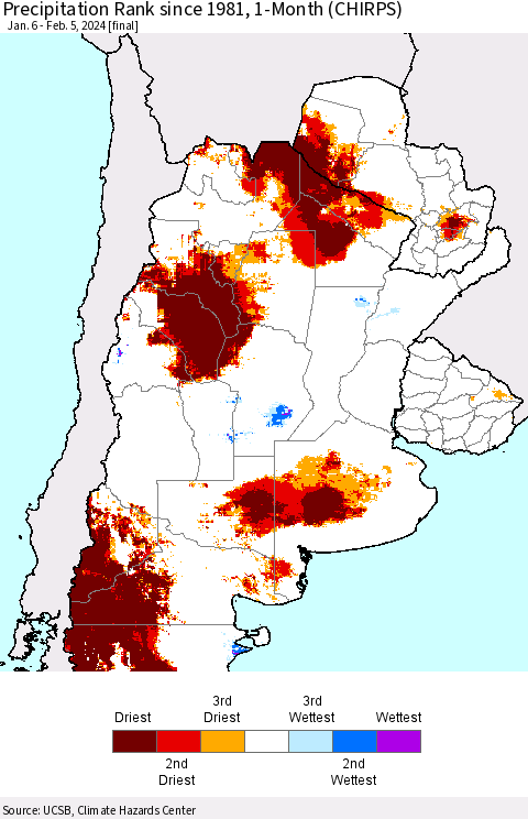 Southern South America Precipitation Rank since 1981, 1-Month (CHIRPS) Thematic Map For 1/6/2024 - 2/5/2024