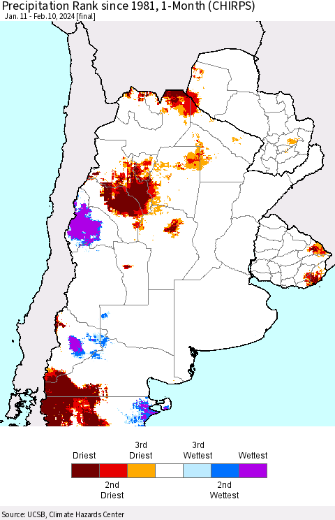 Southern South America Precipitation Rank since 1981, 1-Month (CHIRPS) Thematic Map For 1/11/2024 - 2/10/2024