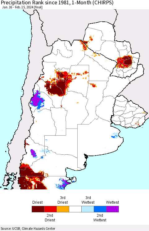 Southern South America Precipitation Rank since 1981, 1-Month (CHIRPS) Thematic Map For 1/16/2024 - 2/15/2024