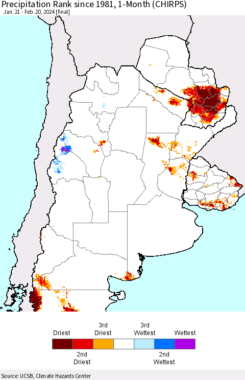 Southern South America Precipitation Rank since 1981, 1-Month (CHIRPS) Thematic Map For 1/21/2024 - 2/20/2024