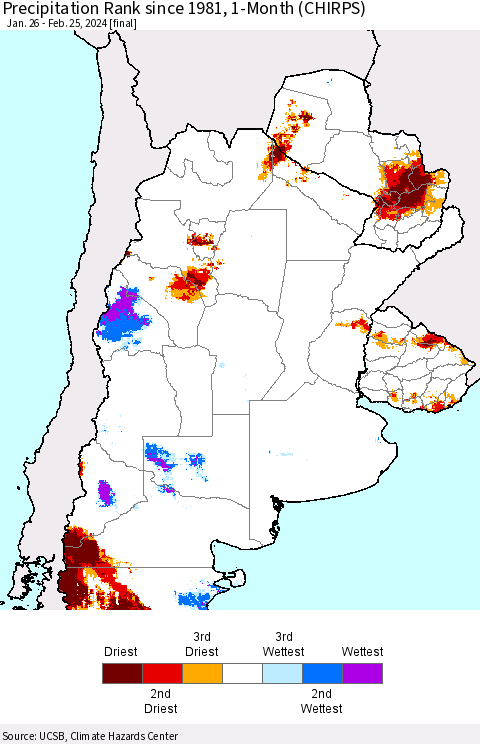 Southern South America Precipitation Rank since 1981, 1-Month (CHIRPS) Thematic Map For 1/26/2024 - 2/25/2024