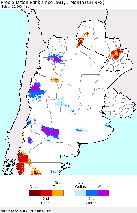 Southern South America Precipitation Rank since 1981, 1-Month (CHIRPS) Thematic Map For 2/1/2024 - 2/29/2024