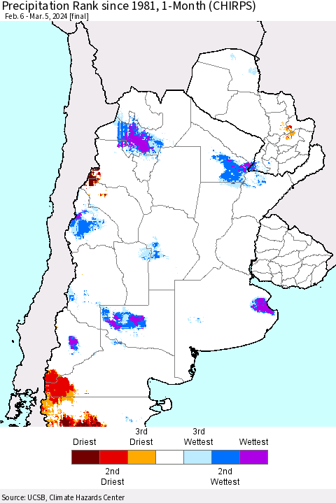 Southern South America Precipitation Rank since 1981, 1-Month (CHIRPS) Thematic Map For 2/6/2024 - 3/5/2024