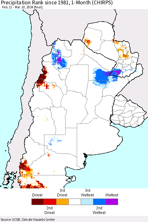 Southern South America Precipitation Rank since 1981, 1-Month (CHIRPS) Thematic Map For 2/11/2024 - 3/10/2024