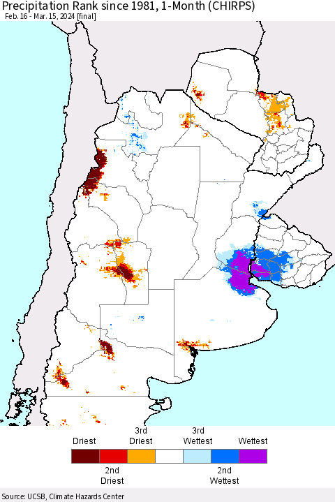 Southern South America Precipitation Rank since 1981, 1-Month (CHIRPS) Thematic Map For 2/16/2024 - 3/15/2024