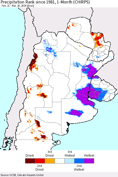 Southern South America Precipitation Rank since 1981, 1-Month (CHIRPS) Thematic Map For 2/21/2024 - 3/20/2024