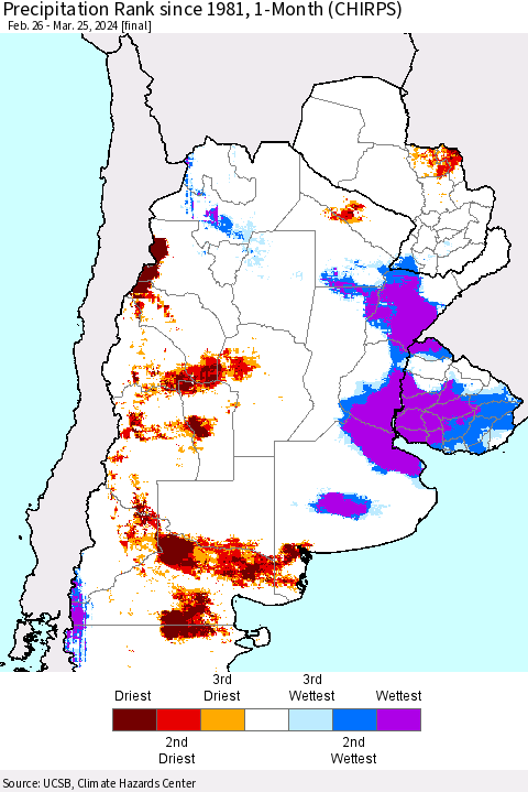Southern South America Precipitation Rank since 1981, 1-Month (CHIRPS) Thematic Map For 2/26/2024 - 3/25/2024