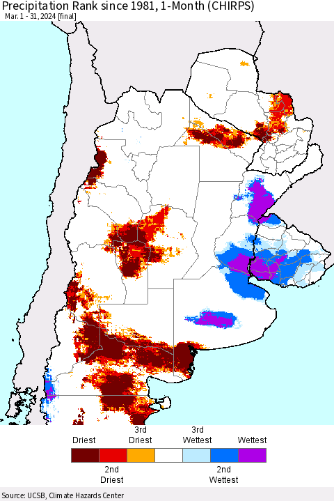 Southern South America Precipitation Rank since 1981, 1-Month (CHIRPS) Thematic Map For 3/1/2024 - 3/31/2024