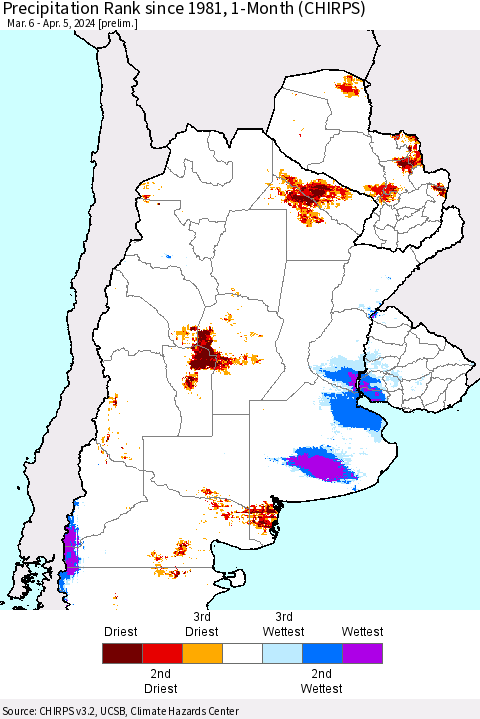 Southern South America Precipitation Rank since 1981, 1-Month (CHIRPS) Thematic Map For 3/6/2024 - 4/5/2024