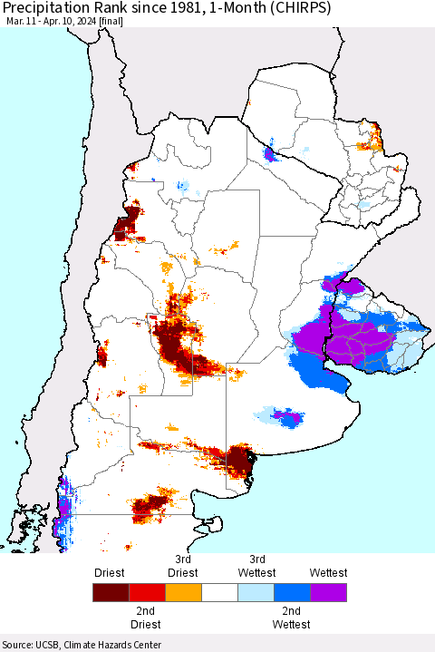 Southern South America Precipitation Rank since 1981, 1-Month (CHIRPS) Thematic Map For 3/11/2024 - 4/10/2024