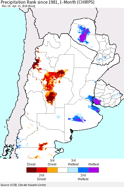 Southern South America Precipitation Rank since 1981, 1-Month (CHIRPS) Thematic Map For 3/16/2024 - 4/15/2024