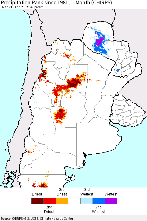Southern South America Precipitation Rank since 1981, 1-Month (CHIRPS) Thematic Map For 3/21/2024 - 4/20/2024