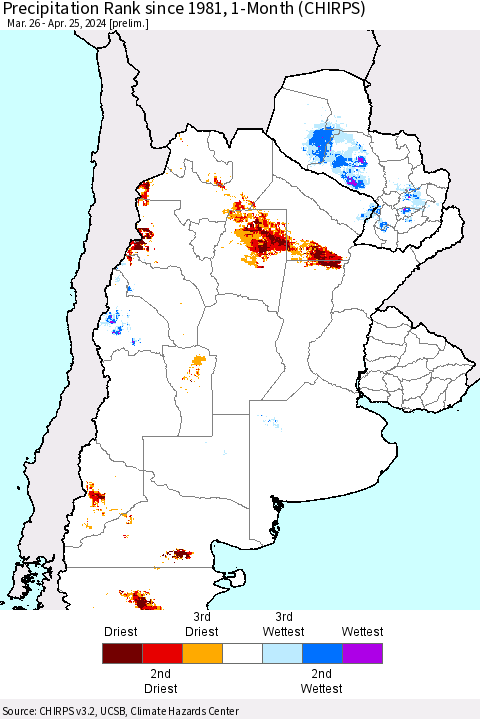 Southern South America Precipitation Rank since 1981, 1-Month (CHIRPS) Thematic Map For 3/26/2024 - 4/25/2024