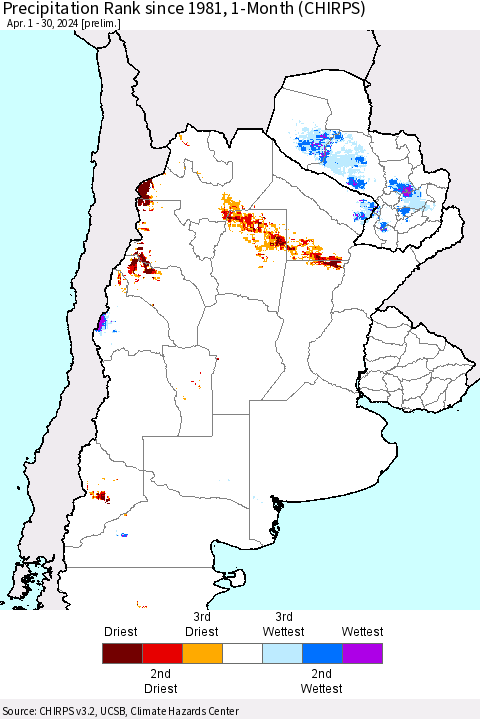 Southern South America Precipitation Rank since 1981, 1-Month (CHIRPS) Thematic Map For 4/1/2024 - 4/30/2024