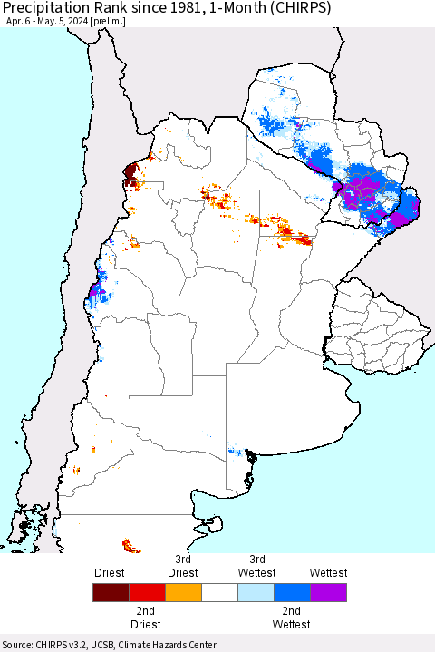 Southern South America Precipitation Rank since 1981, 1-Month (CHIRPS) Thematic Map For 4/6/2024 - 5/5/2024