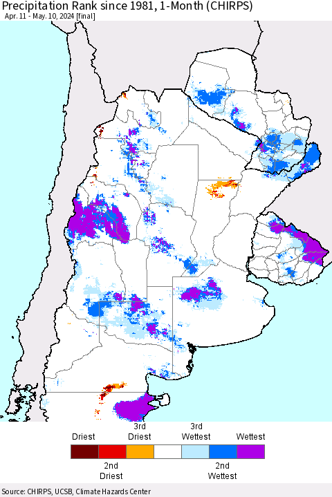 Southern South America Precipitation Rank since 1981, 1-Month (CHIRPS) Thematic Map For 4/11/2024 - 5/10/2024