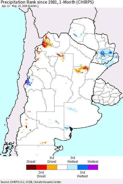 Southern South America Precipitation Rank since 1981, 1-Month (CHIRPS) Thematic Map For 4/11/2024 - 5/10/2024