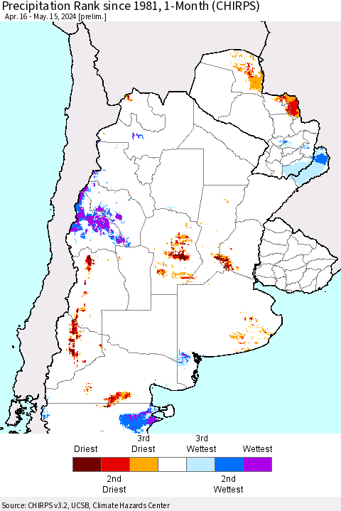 Southern South America Precipitation Rank since 1981, 1-Month (CHIRPS) Thematic Map For 4/16/2024 - 5/15/2024