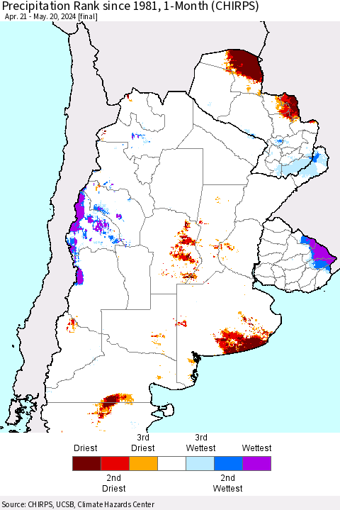 Southern South America Precipitation Rank since 1981, 1-Month (CHIRPS) Thematic Map For 4/21/2024 - 5/20/2024