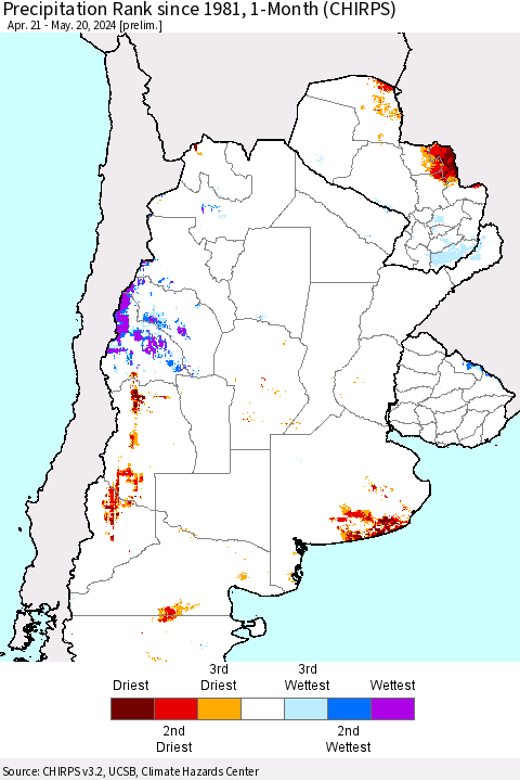 Southern South America Precipitation Rank since 1981, 1-Month (CHIRPS) Thematic Map For 4/21/2024 - 5/20/2024