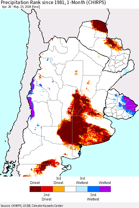 Southern South America Precipitation Rank since 1981, 1-Month (CHIRPS) Thematic Map For 4/26/2024 - 5/25/2024