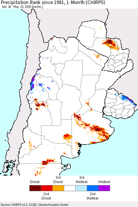 Southern South America Precipitation Rank since 1981, 1-Month (CHIRPS) Thematic Map For 4/26/2024 - 5/25/2024