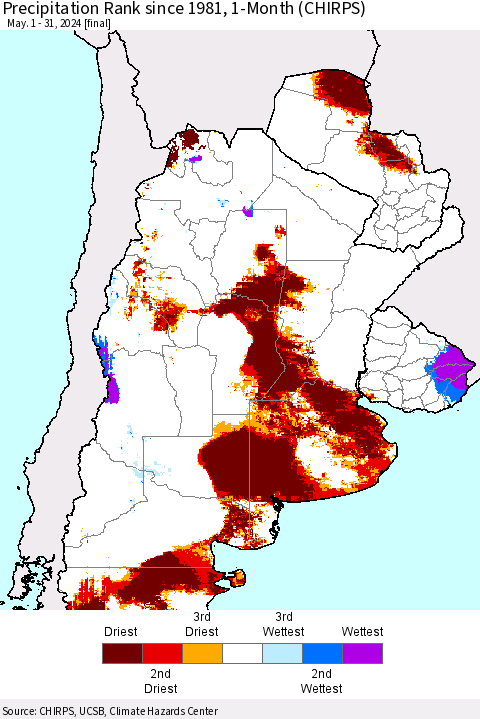 Southern South America Precipitation Rank since 1981, 1-Month (CHIRPS) Thematic Map For 5/1/2024 - 5/31/2024