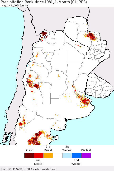 Southern South America Precipitation Rank since 1981, 1-Month (CHIRPS) Thematic Map For 5/1/2024 - 5/31/2024