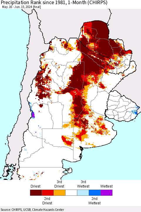 Southern South America Precipitation Rank since 1981, 1-Month (CHIRPS) Thematic Map For 5/16/2024 - 6/15/2024