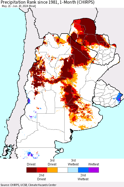 Southern South America Precipitation Rank since 1981, 1-Month (CHIRPS) Thematic Map For 5/21/2024 - 6/20/2024