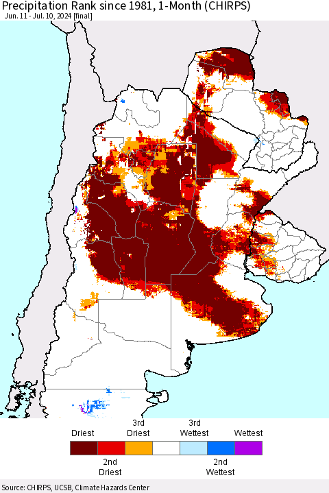 Southern South America Precipitation Rank since 1981, 1-Month (CHIRPS) Thematic Map For 6/11/2024 - 7/10/2024