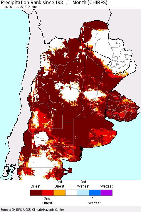 Southern South America Precipitation Rank since 1981, 1-Month (CHIRPS) Thematic Map For 6/26/2024 - 7/25/2024