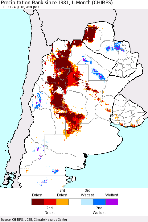 Southern South America Precipitation Rank since 1981, 1-Month (CHIRPS) Thematic Map For 7/11/2024 - 8/10/2024