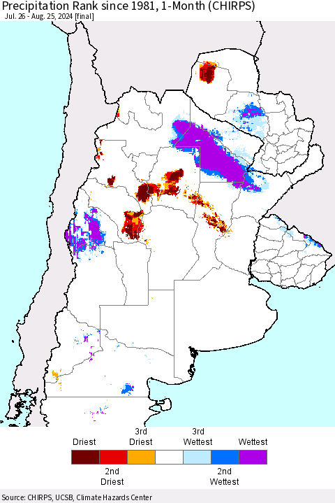 Southern South America Precipitation Rank since 1981, 1-Month (CHIRPS) Thematic Map For 7/26/2024 - 8/25/2024