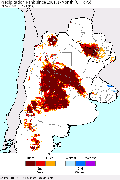 Southern South America Precipitation Rank since 1981, 1-Month (CHIRPS) Thematic Map For 8/26/2024 - 9/25/2024