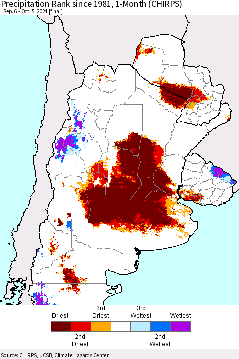 Southern South America Precipitation Rank since 1981, 1-Month (CHIRPS) Thematic Map For 9/6/2024 - 10/5/2024