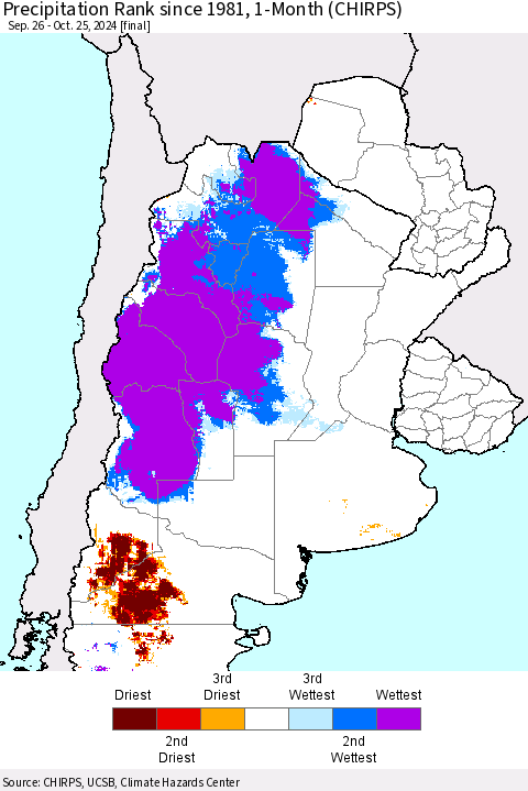 Southern South America Precipitation Rank since 1981, 1-Month (CHIRPS) Thematic Map For 9/26/2024 - 10/25/2024