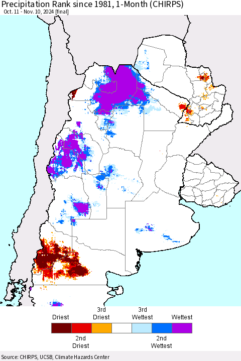 Southern South America Precipitation Rank since 1981, 1-Month (CHIRPS) Thematic Map For 10/11/2024 - 11/10/2024