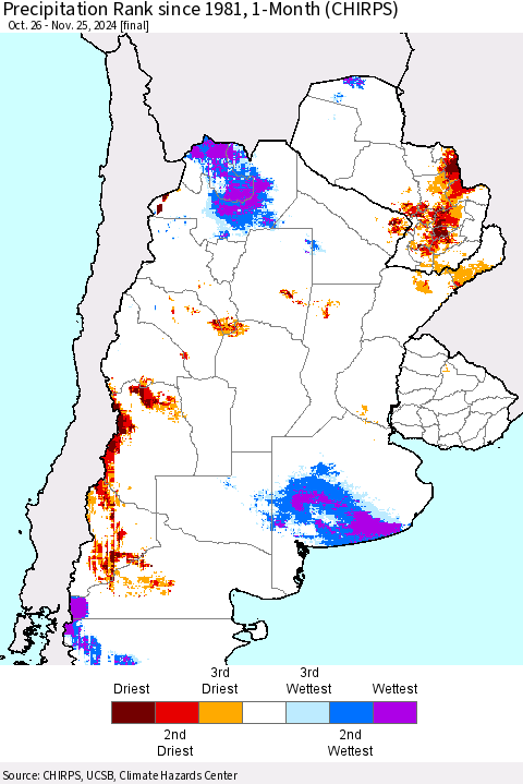 Southern South America Precipitation Rank since 1981, 1-Month (CHIRPS) Thematic Map For 10/26/2024 - 11/25/2024