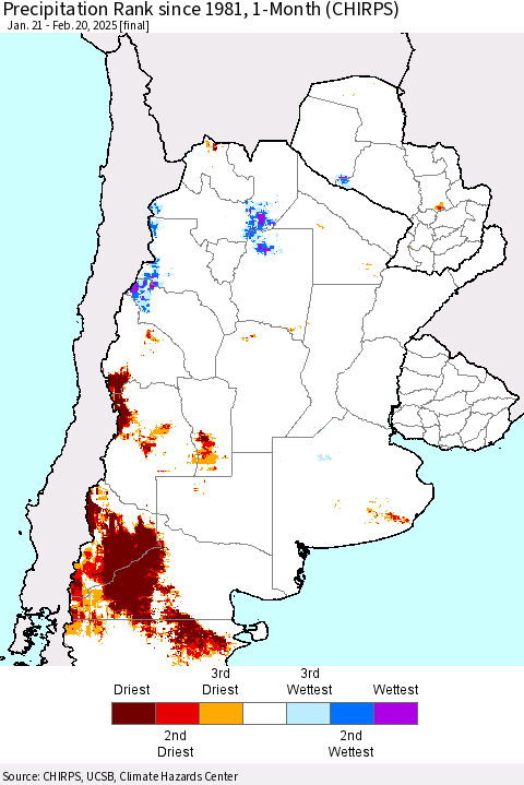 Southern South America Precipitation Rank since 1981, 1-Month (CHIRPS) Thematic Map For 1/21/2025 - 2/20/2025